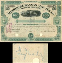 Missouri, Kansas and Texas Railway Co. - Issued to and Signed by Jay Gould dated 1887 - "The Katy"